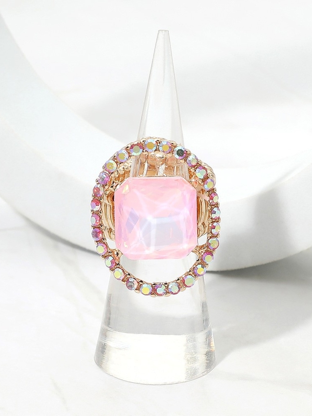 Pink Crystal Square Stone Rhinestone Rim Stretch Ring Finger Statement Jewelry
